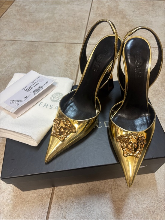 Versace Shoes - Versace Metallic Gold Medusa Pointed Slingback Heels
